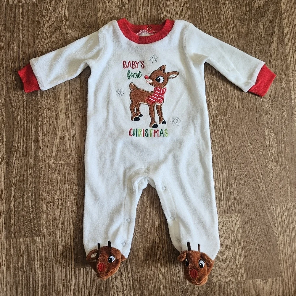 Baby's First Christmas Rudolph One Piece - White and Red